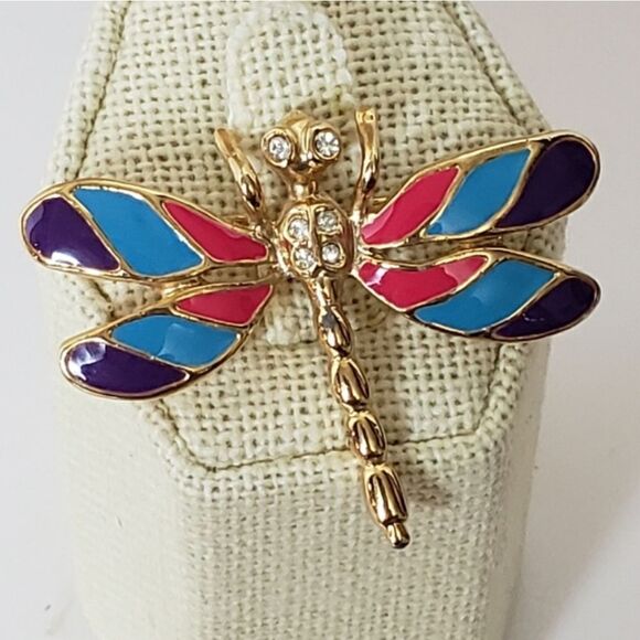 ROMAN Enameled & Crystal Accent Dragonfly Brooch Pin - Picture 1 of 6
